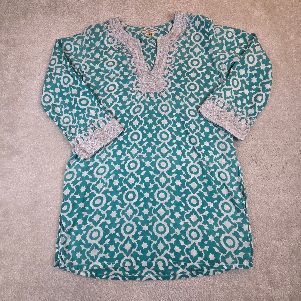 Roberta Roller Rabbit Piperlime Teal White Geometric Cotton Tunic Top Silver M